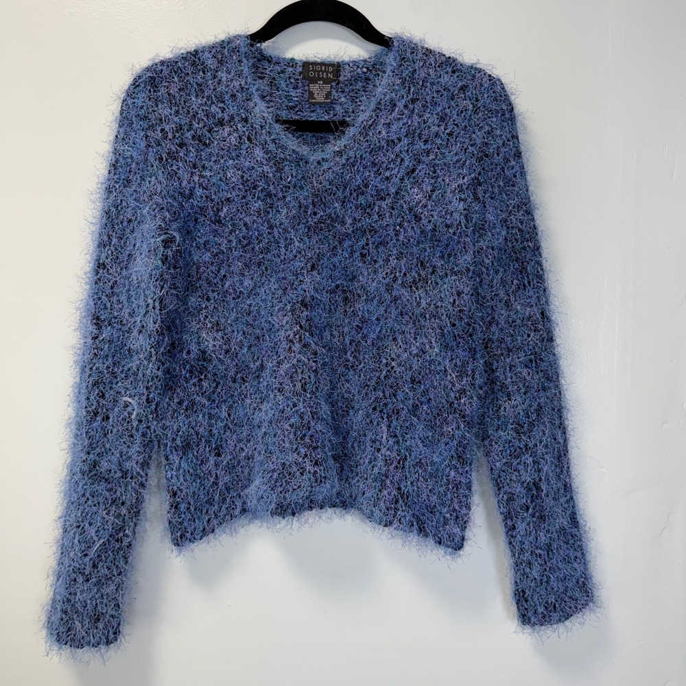 Sigrid Olsen Women Eyelash Knit Sweater Blue Purple V-Neck Long Sleeve XS